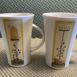 Set of 2 Tall Rustic Tea/Coffee Mugs With Coloured Rims